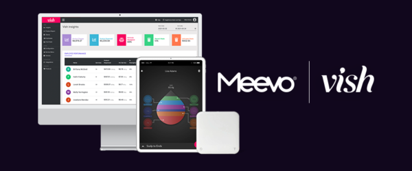 meevo and vish logos with desktop mockup