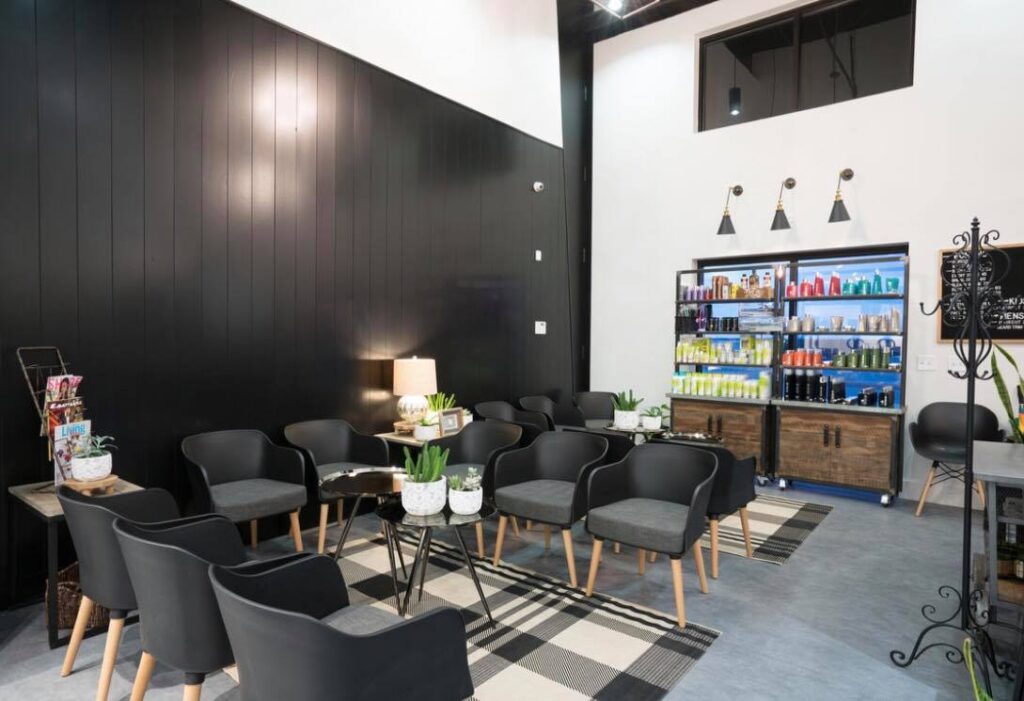 dark modern welcome area in salon