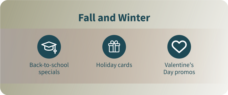 Fall and winter ideas for promos - Back to school - holiday cards - Valentine´s day promos