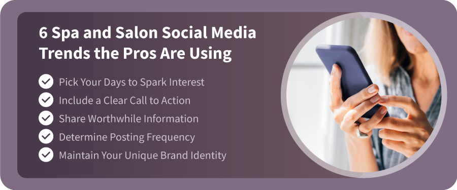 Woman using a cellphone - 6 Spa and salon Social Media Trends - Pick your days to spark interest, clear call to actions, share worthwhile information, posting frequency, unique brand identity