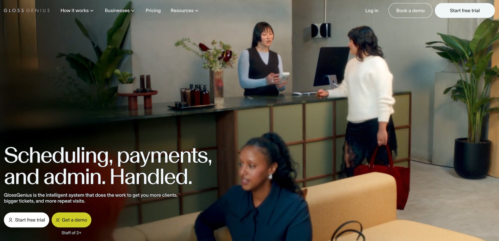 GlossGenius homepage: Scheduling, payments, and admin. Handled.