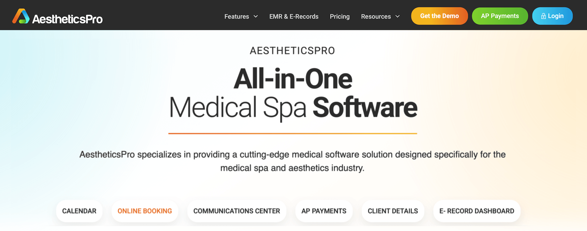 AestheticsPro homepage: All-in-One Medical Spa Software