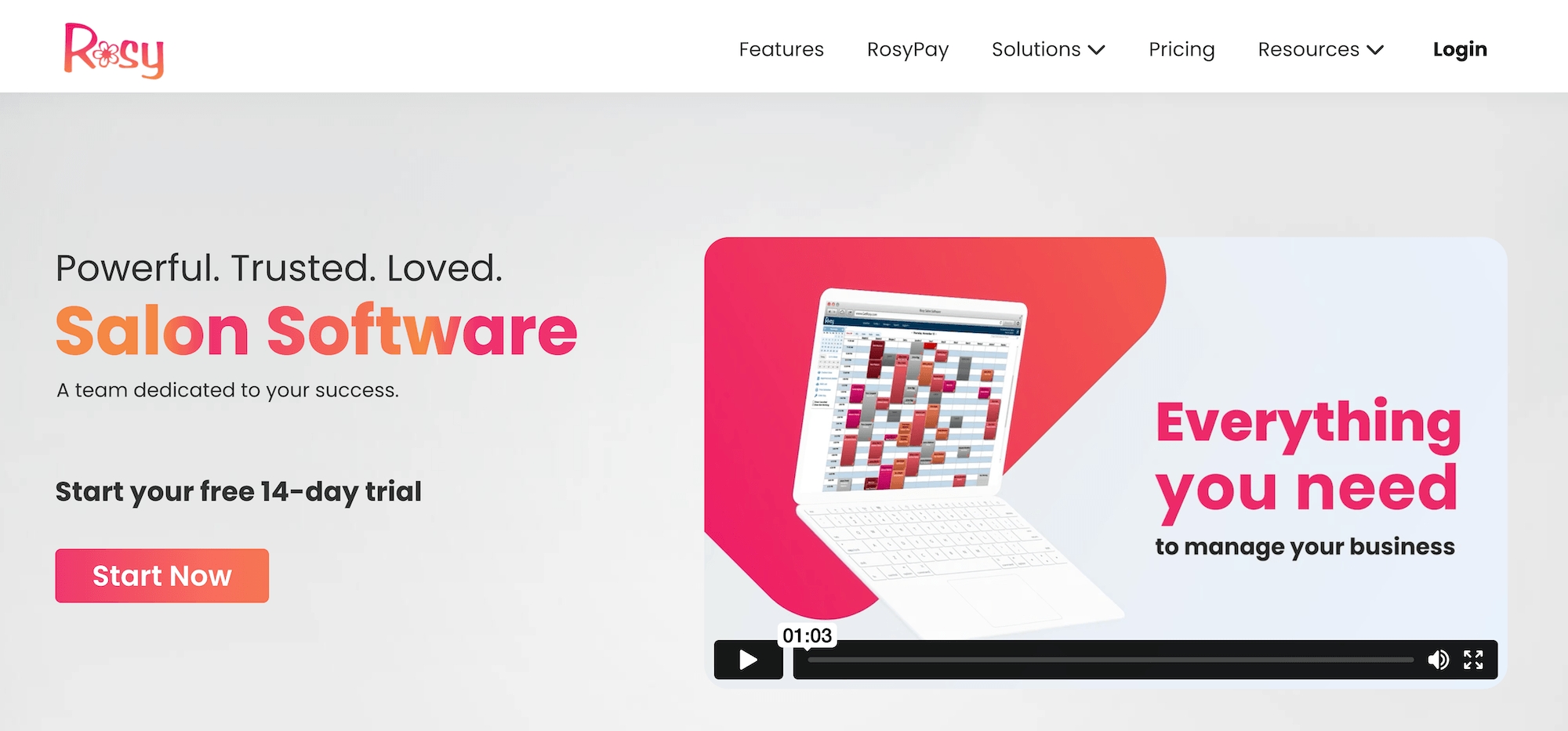 Rosy Salon Software homepage: Powerful. Trusted. Loved.