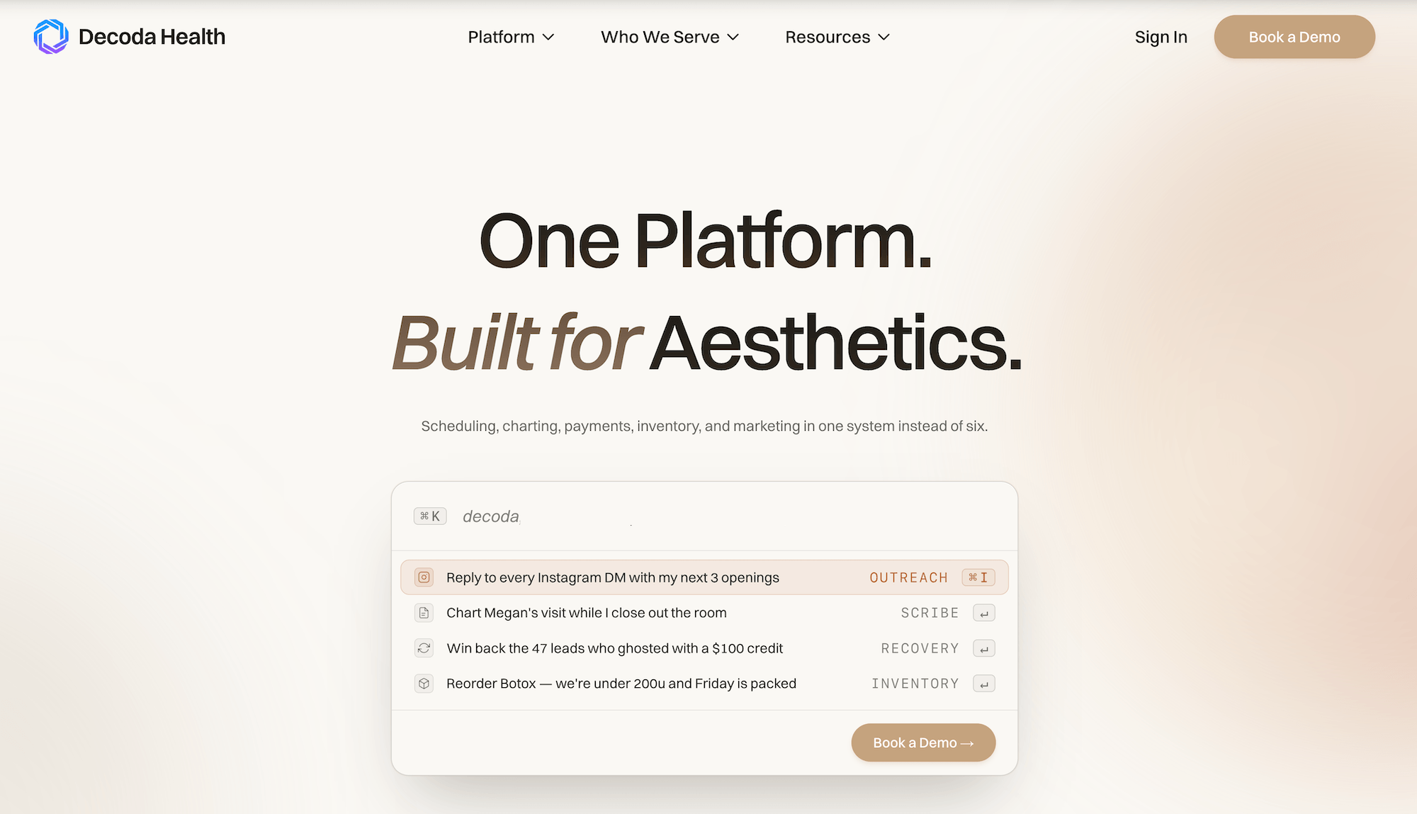 Decoda Health homepage: One Platform. Built for Aesthetics.