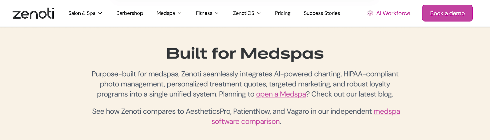 Zenoti Medical Spa Software landing page