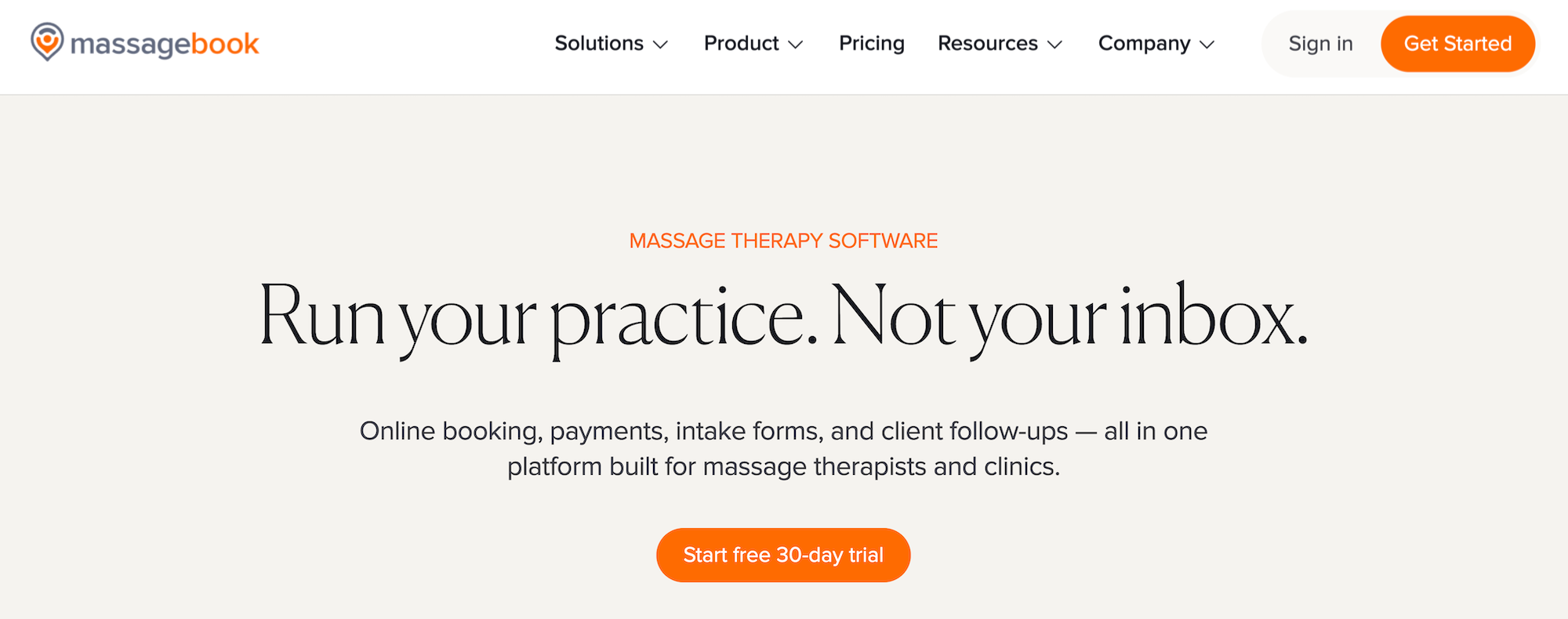 MassageBook homepage: Run your practice. Not your inbox.