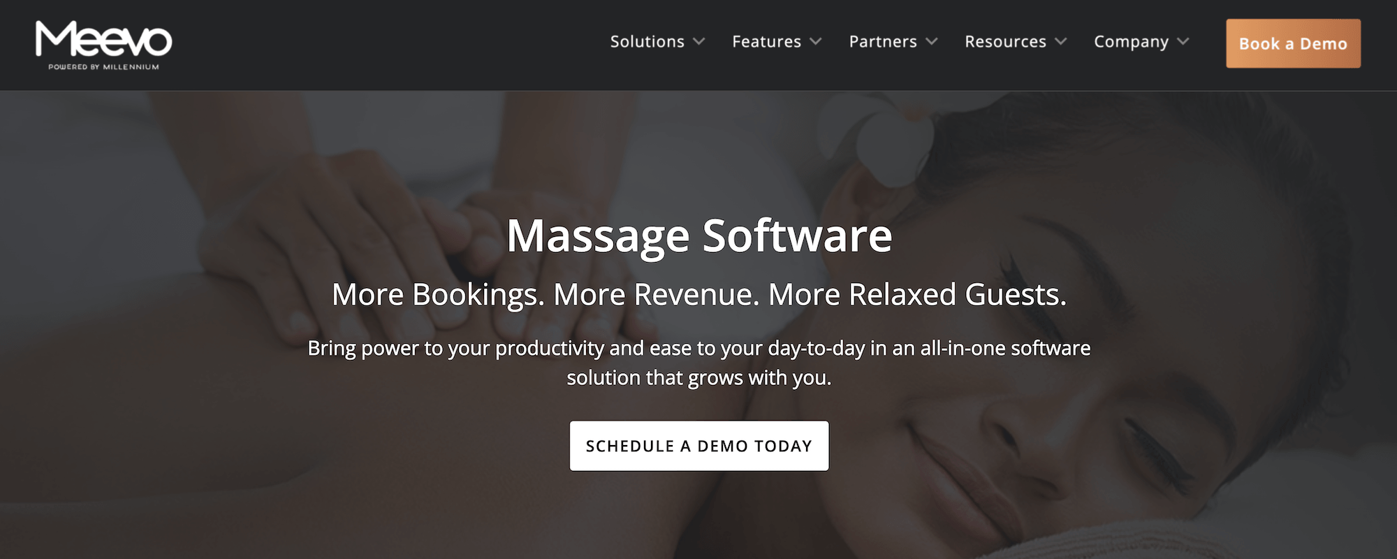 Meevo Massage Studio Software landing page: More Bookings. More Revenue. More Relaxed Guests.