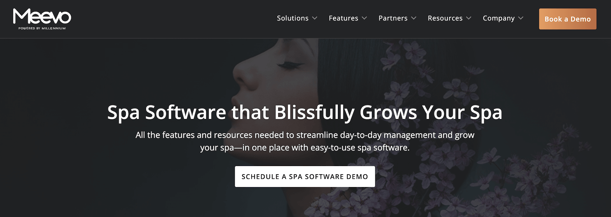 Meevo Spa Software landing page: Spa Software that Blissfully Grows Your Spa