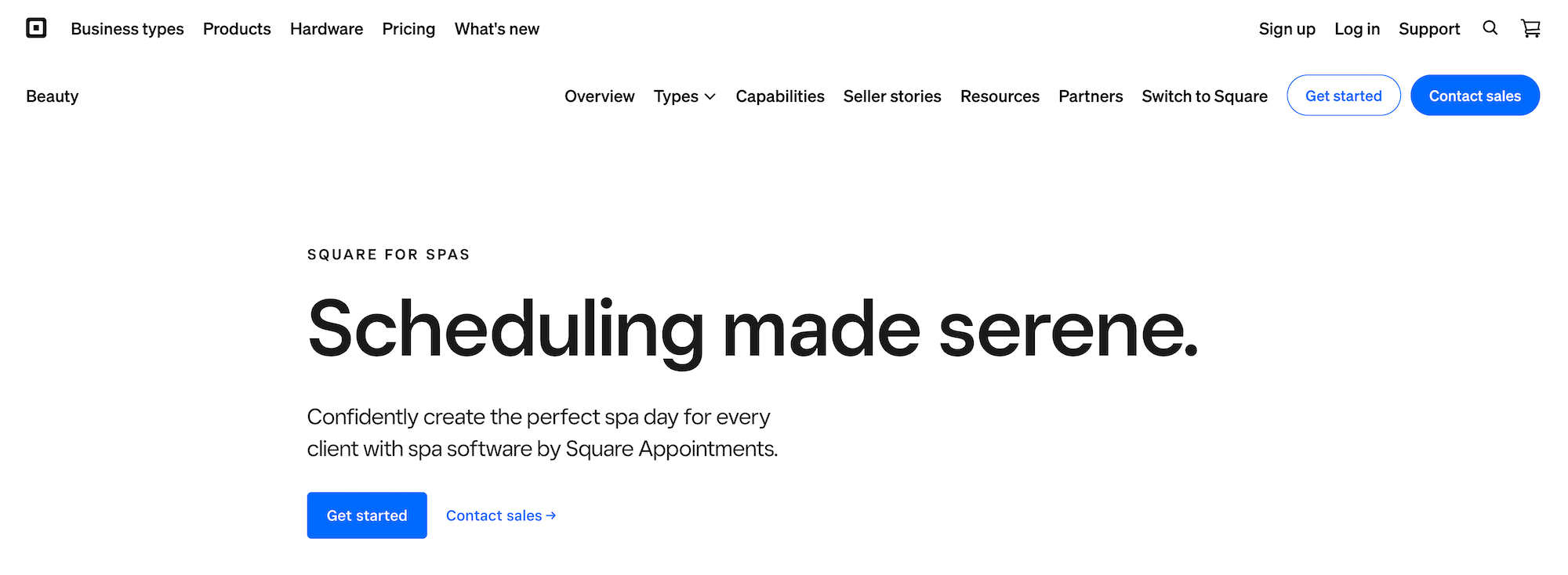 Square for Spas landing page: Scheduling made serene