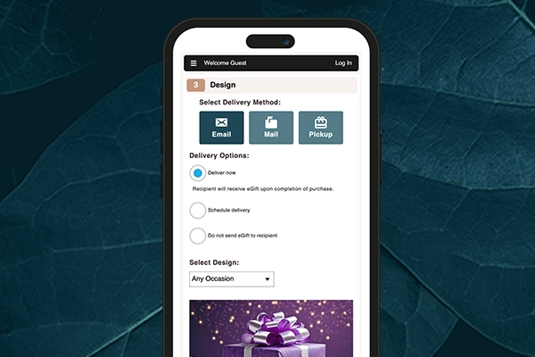Meevo eGift delivery: email, Mail, Pickup