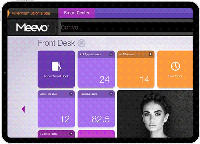 Meevo Convobar booking salon and spa appointment by typing in haircut and massage today or tomorrow