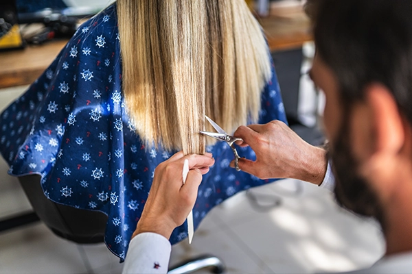 Hairstylist cutting client hair in chair
