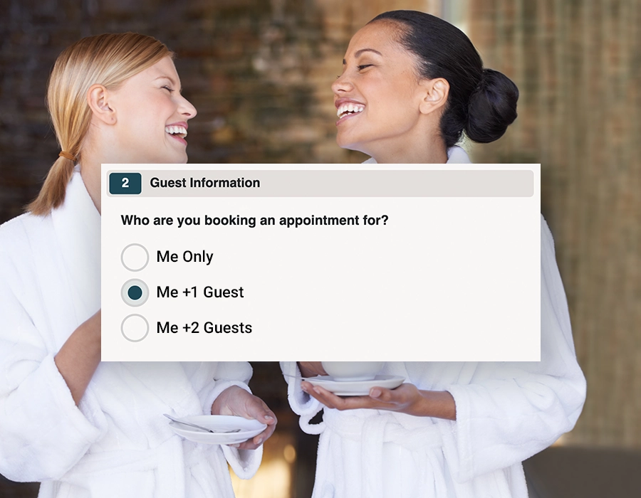 Meevo online group booking for two female friends at a spa