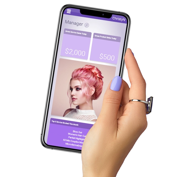 Female hand holding phone - Meevo's Smart Center on the screen