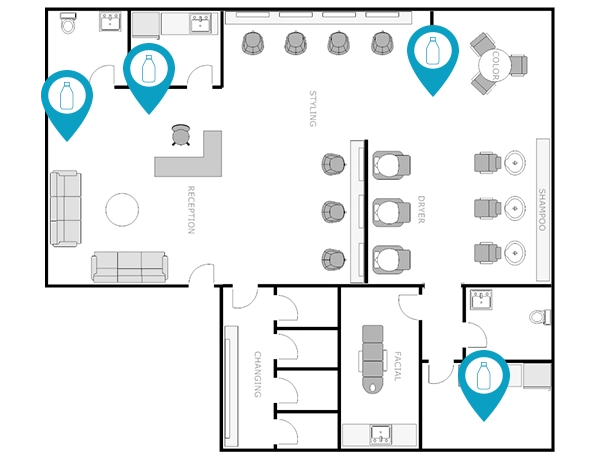 salon and spa floor plan indicating inventory locations