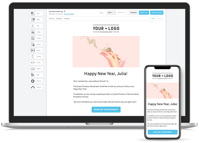 Meevo Email Campaigns for Happy New Year shown on a laptop and phone