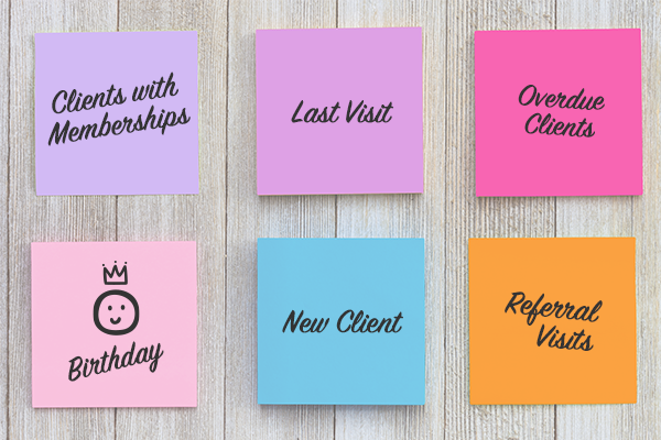 Meevo Marketing Filters: Clients with Memberships, Last Visit, Overdue Clients, Birthday, New Client, Referral Visits