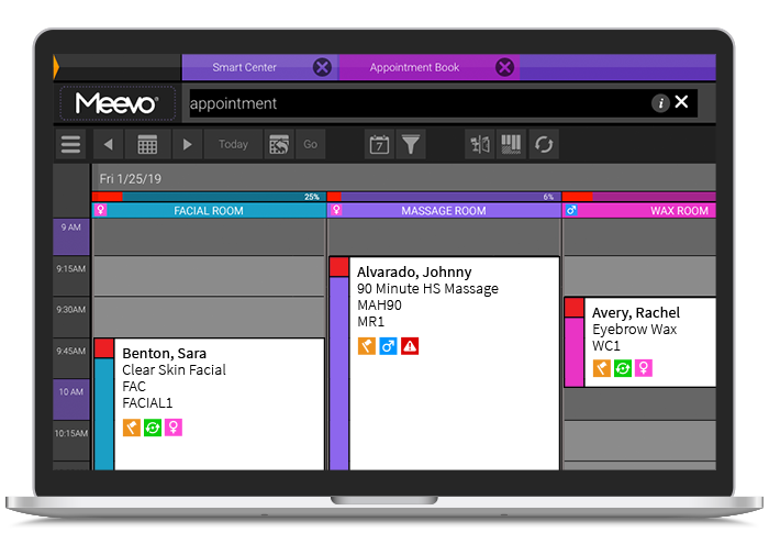 Mevo 2 booking appointments by resource view: Facial Room, Massage Room, and Wax Room