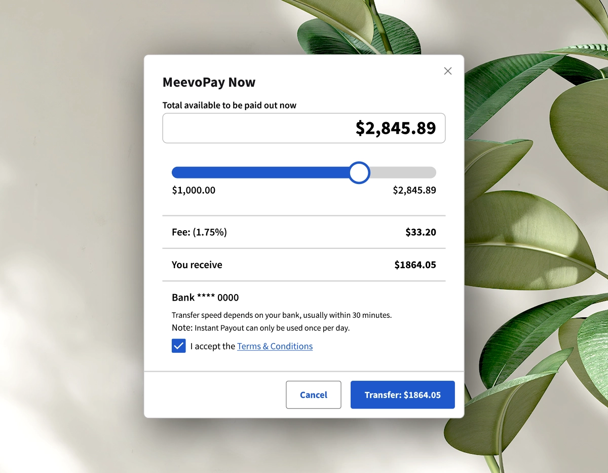 MeevoPay Now Total available to be paid out now