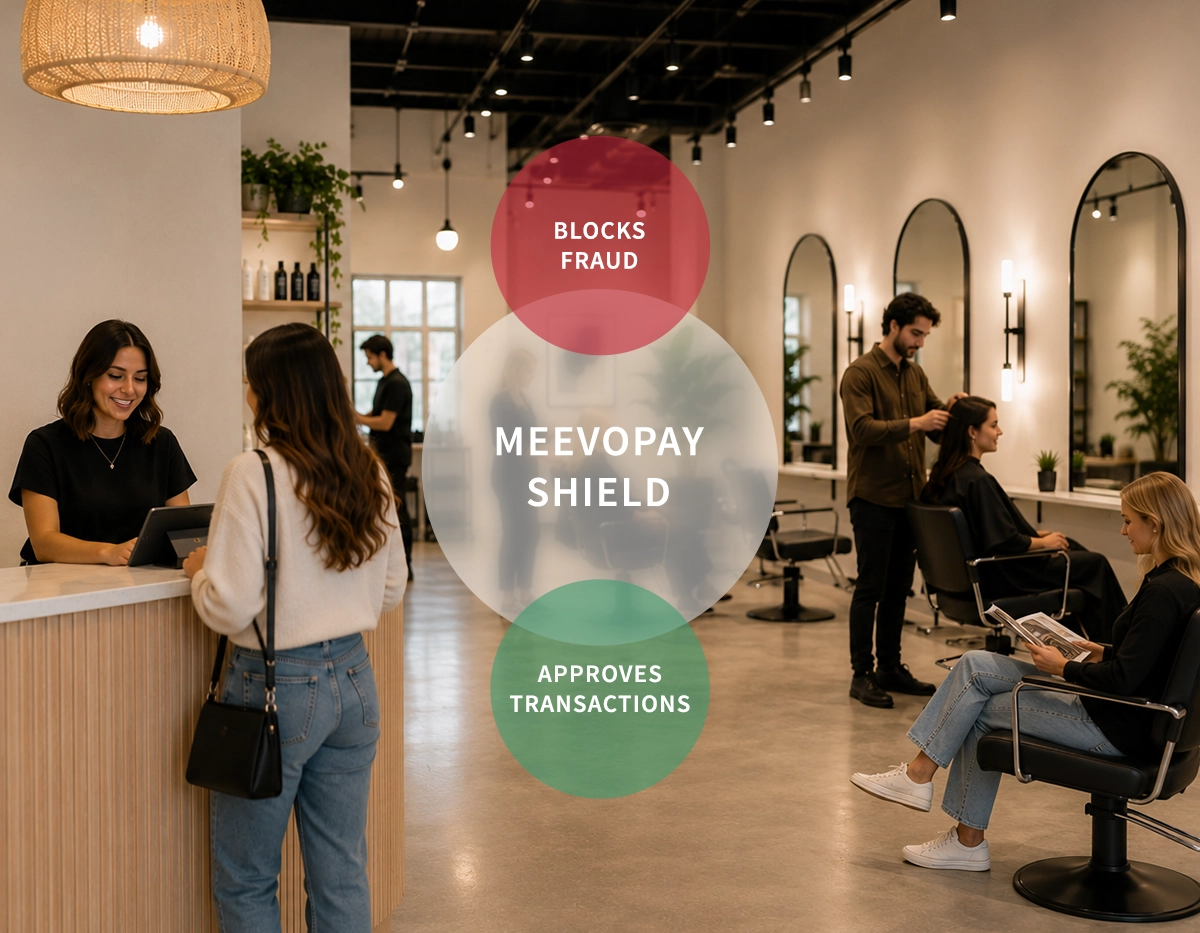 Illustration showing MeevoPay Shield balancing fraud prevention with seamless approval of legitimate transactions.