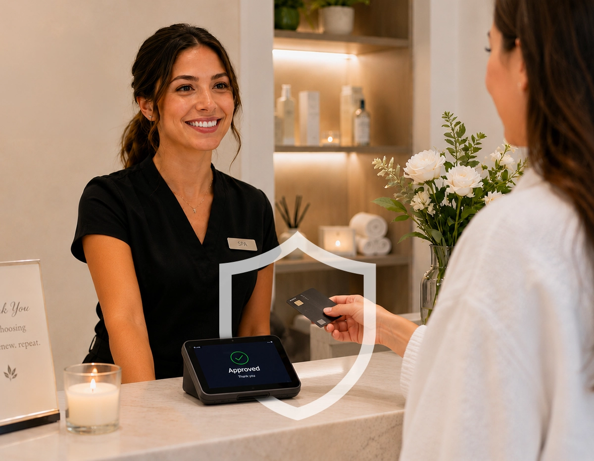 Secure payment at a salon protected by MeevoPay Shield.